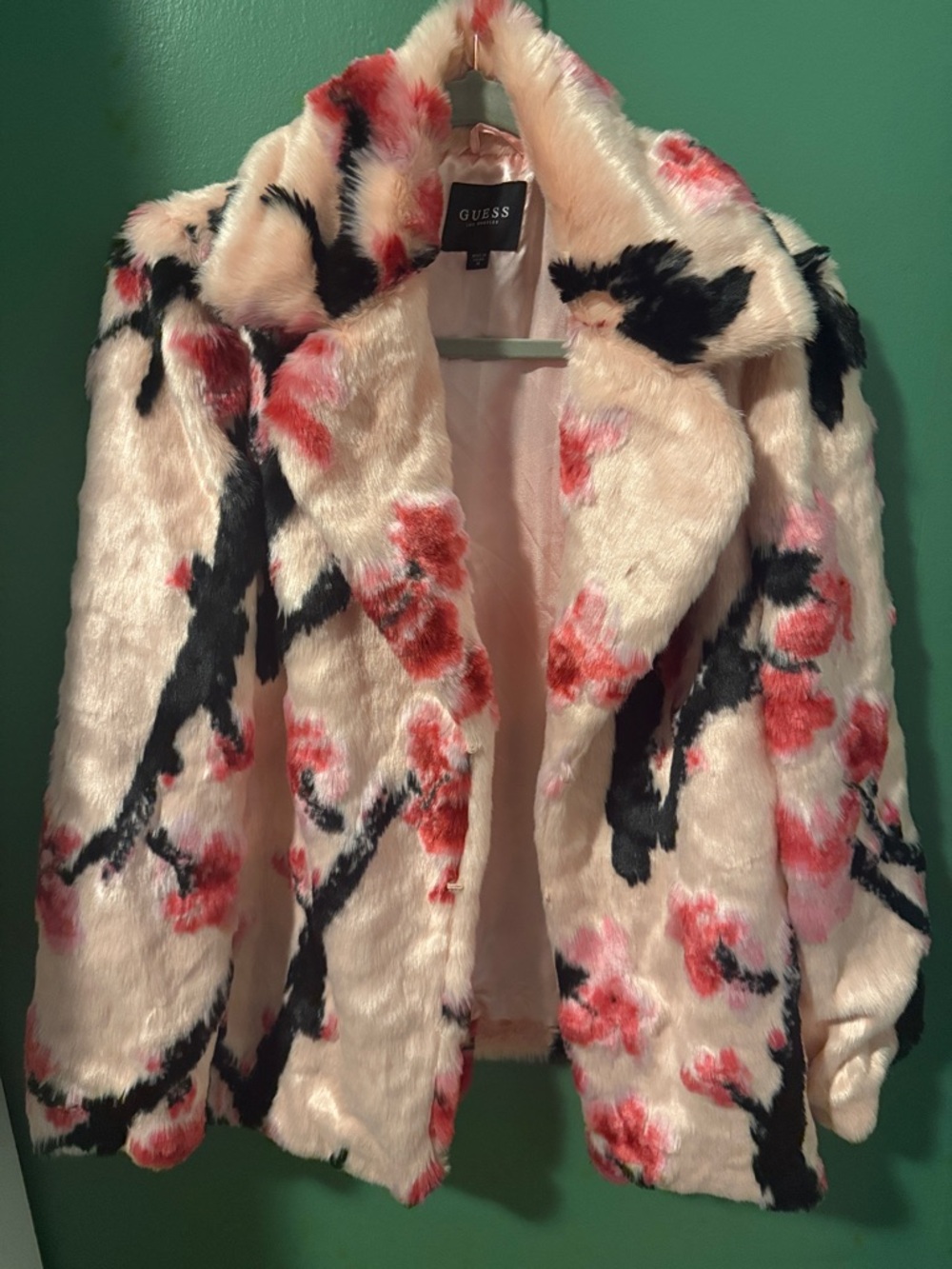 GUESS Cream Faux-Fur Cherry Blossom Jacket
